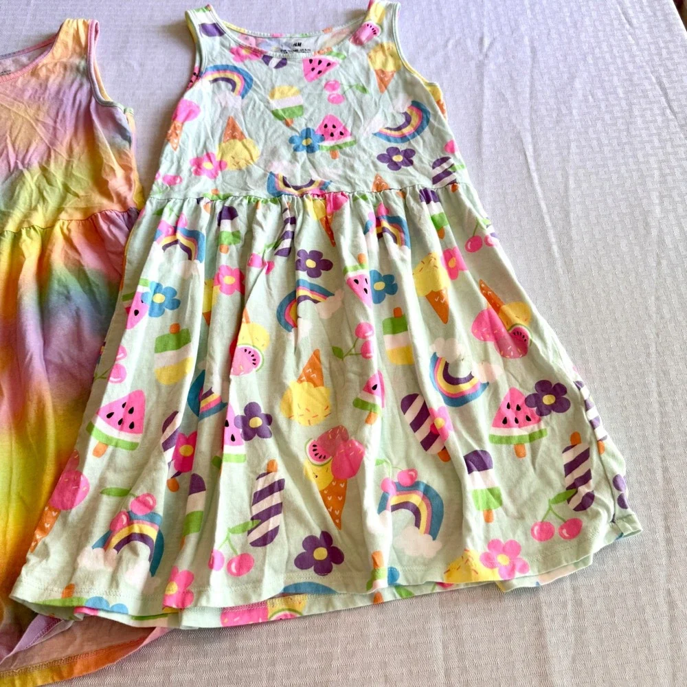 HM Girls 2-Pack Sleeveless Jersey Dresses Size 8/10 Rainbow Tie Dye Ice‎ Cream